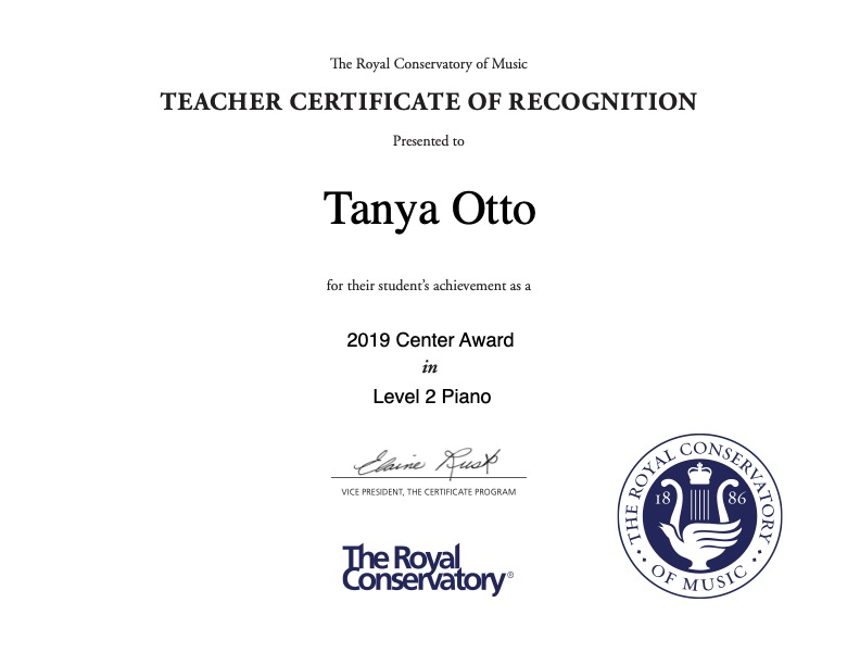 2019 RCM Center Award - Student Achievement in Piano Level 2 Certificate