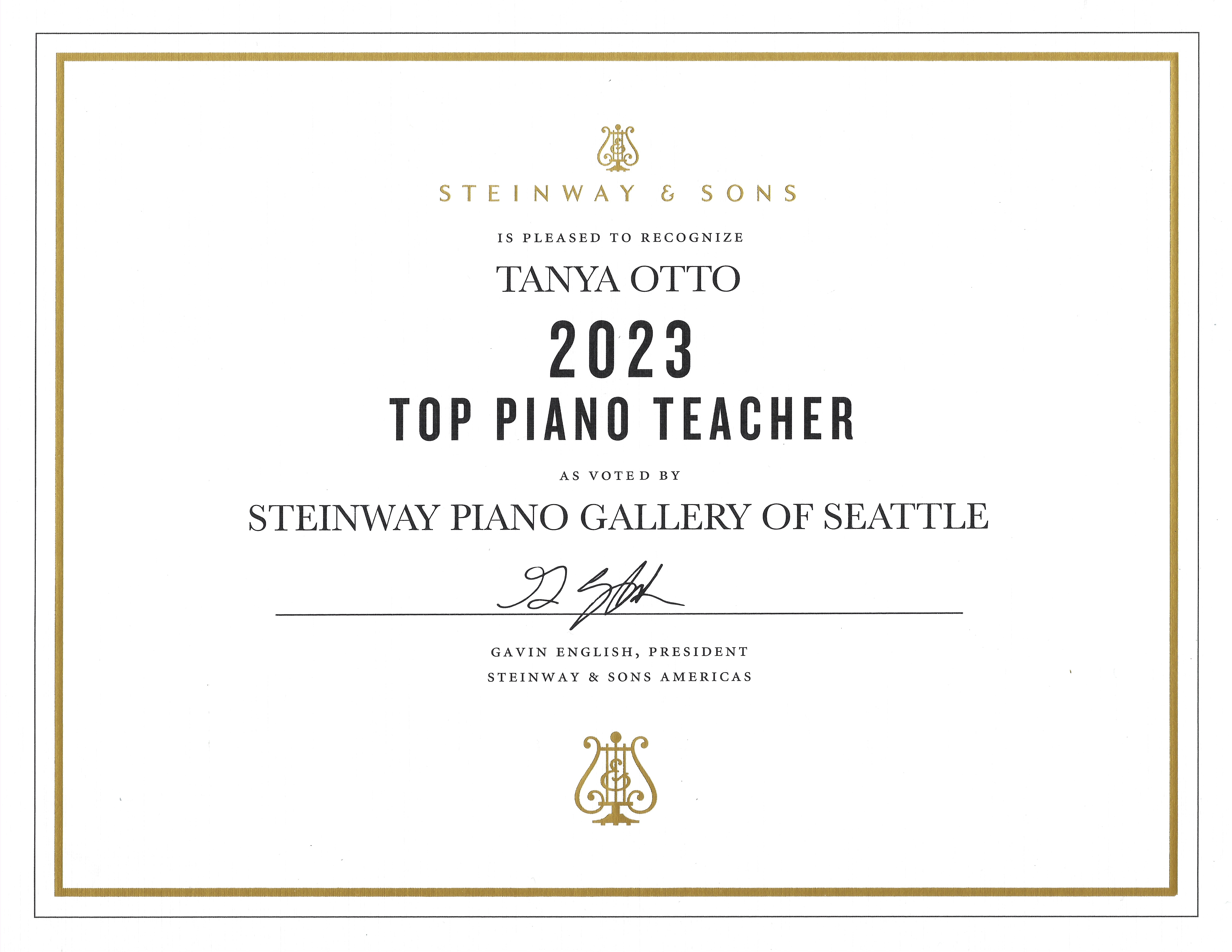 Steinway Teacher of the Year 2023 Certificate
